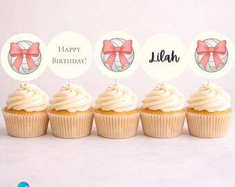 Girls Volleyball Cupcake Toppers | Volleyball Bow Cupcake Picks | Sports Birthday Party Decor | 2.5” Printable Cupcake Toppers | Editable