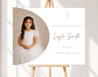 First Holy Communion Welcome Sign Template, Photo First Communion Sign, Modern Catholic Welcome Sign, Editable Canva Poster