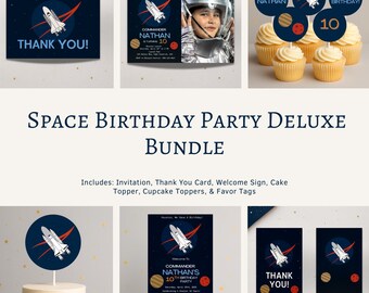 Space Birthday Bundle with Photo | Rocket Ship Invitation, Astronaut Party Decor (Editable in Canva)