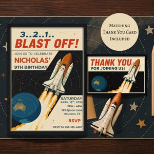 Retro Space Birthday Invitation | Rocket Ship Party Invite | Blast Off Birthday Invite | Editable Canva Template | Vintage Astronaut Party