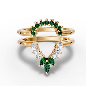 14K Gold Curved Wedding Band: Emerald, Ruby Stacking Ring