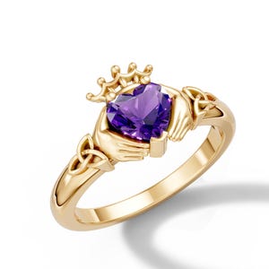 Unique Heart Shape Amethyst  Claddagh Wedding Ring Gold Claddagh Engagement Ring Irish Crown Anniversary Gift Irish Friendship Ring For Her