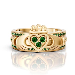 Emerald Claddagh Ring Set Unique Heart Shape Irish Promise Ring Trio Crown Ring Hands Design Emerald Bridal Ring Set Anniversary Gift