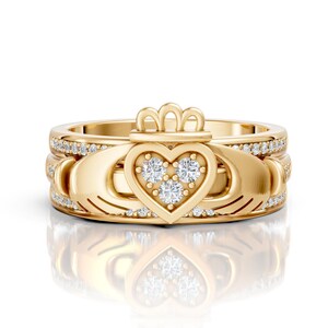 14K Gold Claddagh Ring Set: Moissanite Heart, Irish Promise Rings
