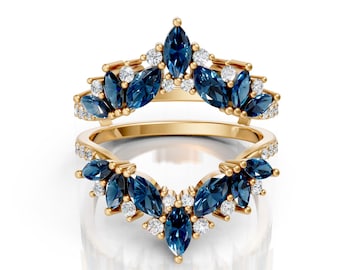 London Blue Topaz Marquise Ring Set: 14K Gold Chevron Guard Ring