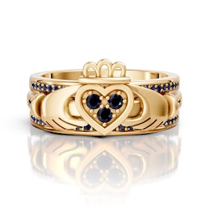 Blue Sapphire Claddagh Ring Set Unique Heart Shape Irish Promise Ring Trio Crown Ring Hands Design Sapphire Bridal Ring Set Anniversary Gift