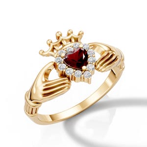 Unique Heart Shape Garnet Claddagh Ring Gold Claddagh Ring Irish Crown Heart Garnet Ring Anniversary Gift For Her Irish Friendship Ring