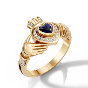 Art Deco Heart Shape Blue Sapphire Claddagh Ring Gold Claddagh Irish Crown Heart Blue Sapphire Ring Anniversary Gift Irish Friendship Ring