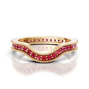 14K Gold Curved Wedding Band: Ruby Stacking Ring for Her