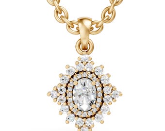 May include: A gold-colored necklace with a pendant featuring an oval-shaped, clear gemstone surrounded by smaller, clear gemstones. The pendant is set in a starburst design. The chain is also gold-colored.