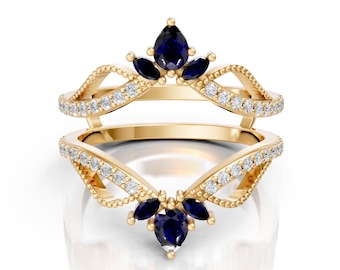 Curved Sapphire Wedding Band: 14K Gold Enhancer Ring