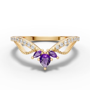 14K Gold Chevron Amethyst Ring: Curved Wedding Band, Stacking Ring