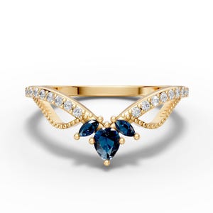 Curved 14K Gold London Blue Topaz Ring: Chevron Wedding Band