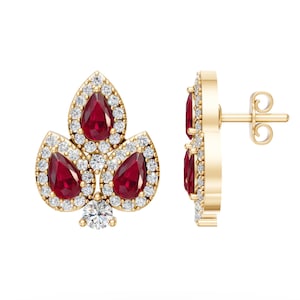 Pendientes de botón con forma de pera y rubí en oro macizo de 14 quilates / Pendientes florales únicos / Pendientes de botón con halo de diamantes en forma de lágrima / Elegante regalo de joyería nupcial