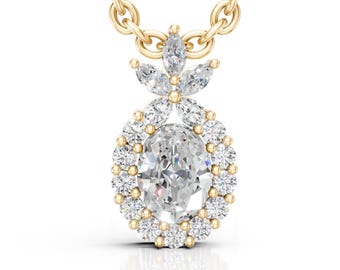 14K Gold Oval Moissanite Pendant Necklace | Diamond Halo Style