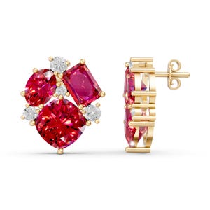 Cushion Cut Ruby Stud Earrings 14K Solid Gold Cluster Diamond Accent Studs Statement Earrings Bridal Jewelry Gift for Her