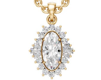 May include: A gold-colored necklace featuring a pendant with a large, oval-cut clear gemstone. The gemstone is surrounded by smaller, round and baguette-cut clear stones. The chain is also gold-colored.