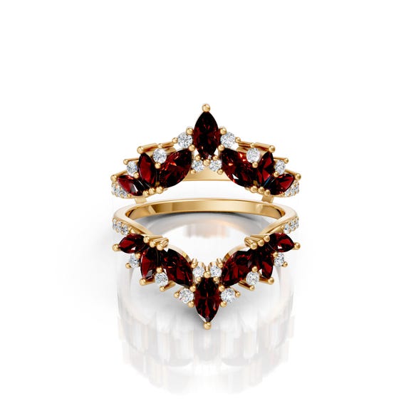 14K Gold Garnet Marquise Ring Guard: Curved Chevron Wedding Band