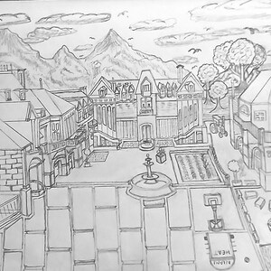 May include: Pencil sketch depicting a town square with buildings, a fountain, and a basketball court. Mountains and clouds are in the background. The sketch includes a garden, trees, and a well. The words "MIAMI HEAT" are on the basketball court.