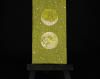 Oil Painting - Sacred Masculine Moon in Moss Green Sky, 2" x 4", Comes with mini black easel and magnet strips on back