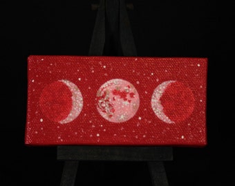 Oil Painting - Sacred Feminine Moon in Rose Red Sky, 2" x 4" Comes with mini black easel and magnet strips on back