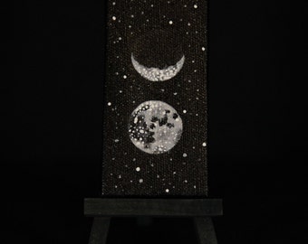 Oil Painting - Black Sacred Masculine Moon, 2" x 4" Comes with mini black easel and magnet strips on back