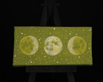 Oil Painting - Sacred Feminine Moon in Moss Green Sky, 2" x 4" Comes with mini black easel and magnet strips on back Made to Order