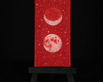 Oil Painting - Sacred Masculine Moon in Rose Red Sky, 2" x 4" Comes with mini black easel and magnet strips on back