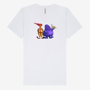 May include: White V-neck t-shirt featuring a cartoon illustration of two characters. One character is purple and holding a tray of food, and the other is yellow and red. The shirt is made of a soft material.