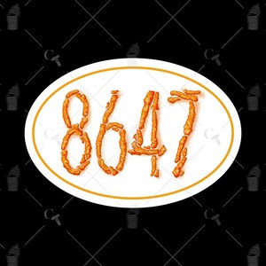May include: An oval sticker with the number "8647" formed from orange, textured shapes, set against a white background with an orange border. The background is black with a repeating pattern of a trash can and the letters "CA".