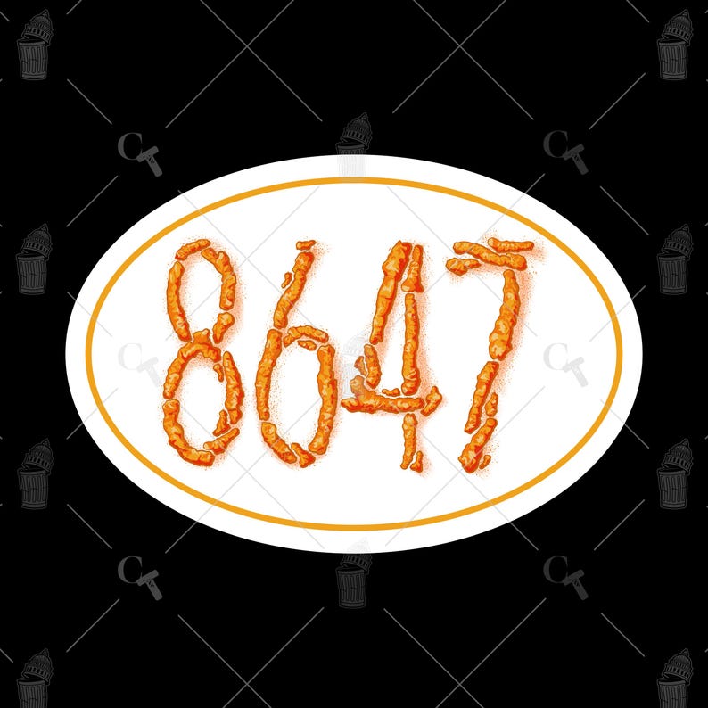 May include: An oval sticker with the number "8647" formed from orange, textured shapes, set against a white background with an orange border. The background is black with a repeating pattern of a trash can and the letters "CA".