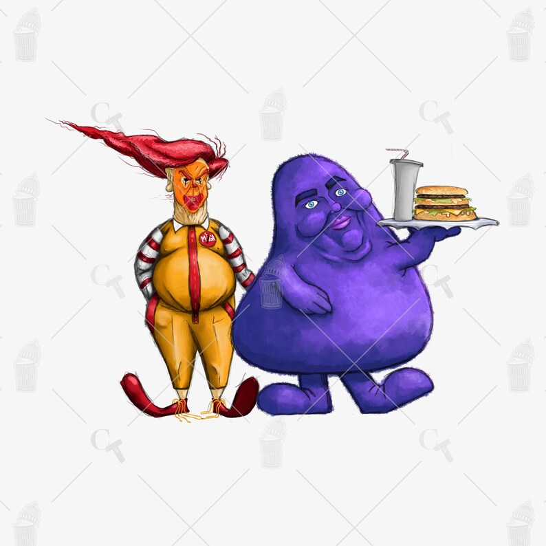 May include: Illustration of two cartoon characters. One is dressed in a yellow and red jumpsuit with red hair. The other is a purple blob holding a tray with a burger and a drink. The background is white.