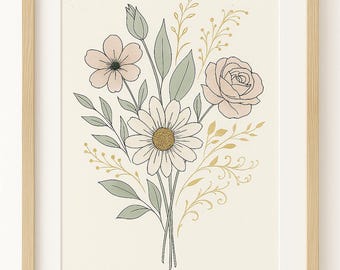 Printable Floral Wall Art – Sage Green, Blush, and Gold Botanical Bouquet