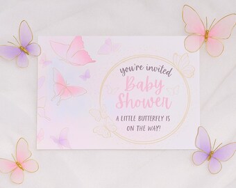 Butterfly Baby Shower Invitation | Pastel Pink & Gold, Editable (Digital Download)