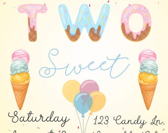 Two Sweet Birthday Invitation | Editable Party Invite | 2nd Birthday Girl Canva Template | Digital Download