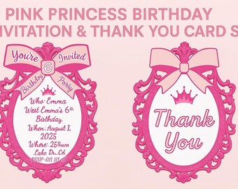 Pink Princess Birthday Invitation & Thank You Card Set