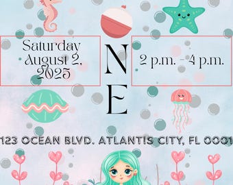Mermaid First Birthday Invitation | Ocean Theme, Editable Canva Template (Instant Download)