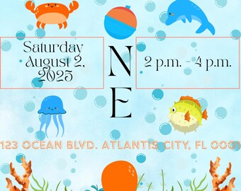 O-FISH-ALLY ONE Birthday Invitation | Ocean Party, Canva Template (Thank You Card Included)