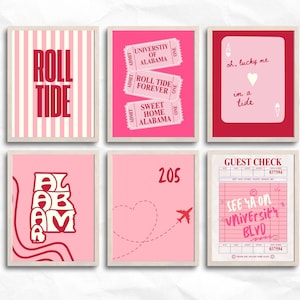 University of Alabama Digital Wall Art | Pink Bama Poster Set of 6 | Preppy Dorm Decor | Crimson Tide College Prints | Instant Download