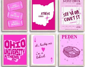 Arte mural de la Universidad de Ohio / Decoración universitaria rosa / Impresiones digitales descargables de la OU / Pósteres para dormitorios universitarios / Juego de 14 impresiones estéticas de la Universidad de Ohio