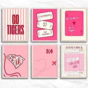 Clemson University Digital Wall Art | Pink Dorm Decor | College Poster Set of 6 | Preppy Tiger Prints | Instant Download
