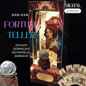 May include: A decorative book nook featuring a fortune teller theme. The design includes a woman holding tarot cards, a crystal ball, and the text "FORTUNE TELLER". The image also includes the text "INSTANT DOWNLOAD NO PHYSICAL SHIPMENT".