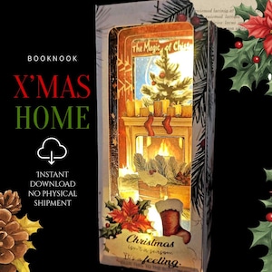 Christmas Home Book Nook Kit– 15 cm Tall Foldable Paper Diorama with LED Lighting, PDF file download and PNG for Cricut cutting machine