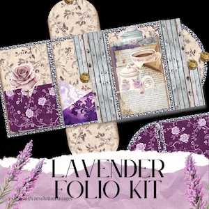 May include: A lavender-themed folio kit with a floral design. The kit features a purple rose, patterned pockets, and a tea set illustration. The text "LAVENDER FOLIO KIT" is displayed at the bottom, along with "300dpi high resolution images".