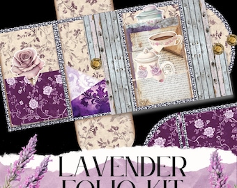 May include: A lavender-themed folio kit with a floral design. The kit features a purple rose, patterned pockets, and a tea set illustration. The text "LAVENDER FOLIO KIT" is displayed at the bottom, along with "300dpi high resolution images".