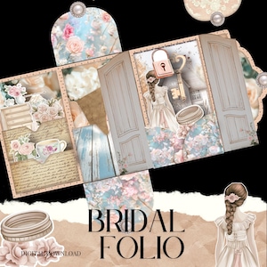 May include: A digital download titled "Bridal Folio" with a collage design. It features illustrations of roses, doors, a key, and a bride, with a soft colour palette of pinks, blues, and creams. The text "Bridal Folio" is visible.