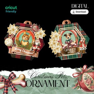May include: Digital Christmas pet ornaments. One features a cat with "Merry Christmas" text, set against a red and black plaid. The other shows a dog with "Warmest Wishes" text, set against a green and black plaid background.