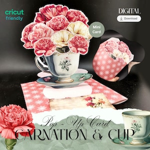 Mini carte-cadeau pop-up oeillet et tasse de thé — Décoration debout à imprimer en rose jaune (pliable, téléchargement numérique) Motherly love