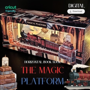Może przedstawiać: Papierowy zakątek książki przedstawiający pociąg na ceglanym peronie z napisem "MAGICAL PLATFORM". Scena obejmuje pociąg, bagaż i zamek. Projekt oznaczony jest jako "DIGITAL" i "Cricut friendly".