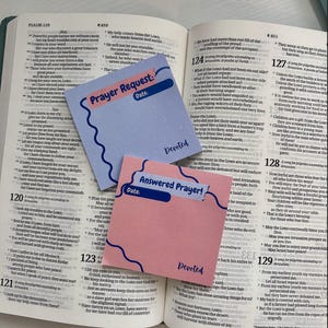 May include: Two colorful sticky notes on an open Bible. One is light blue with the text "Prayer Request" and the other is pink with "Answered Prayer!" Both have a handwritten "Date" section and the word "Devoted".